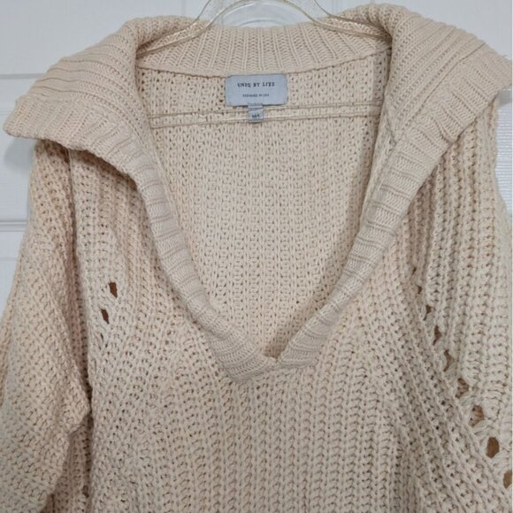 Uniq by Litz Ribbed V Neck Sweater Womens Size Medium/Large Cream Oversized Knit - Picture 2 of 11